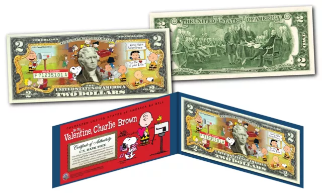 PEANUTS * BE MY VALENTINE, CHARLIE BROWN * Snoopy Officially Licensed $2 US Bill