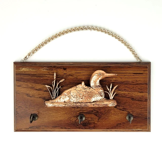 Vintage Copper Coloured Loon (with baby loon) on Wood Look Board Key Holder Rack