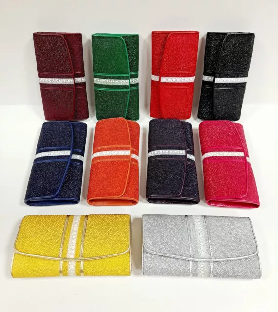 Women's Wallet Genuine Stingray Leather Beautiful Long Tri-fold Bag White Thorn