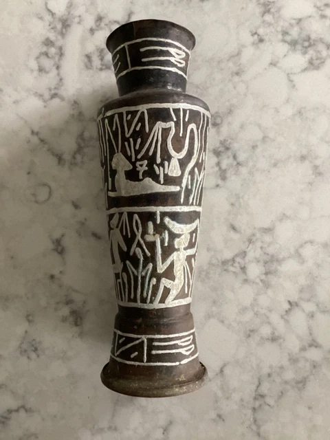 Antique Estate Egyptian Hieroglyph Vase Copper with Silver Inlay ( 8 inches tall