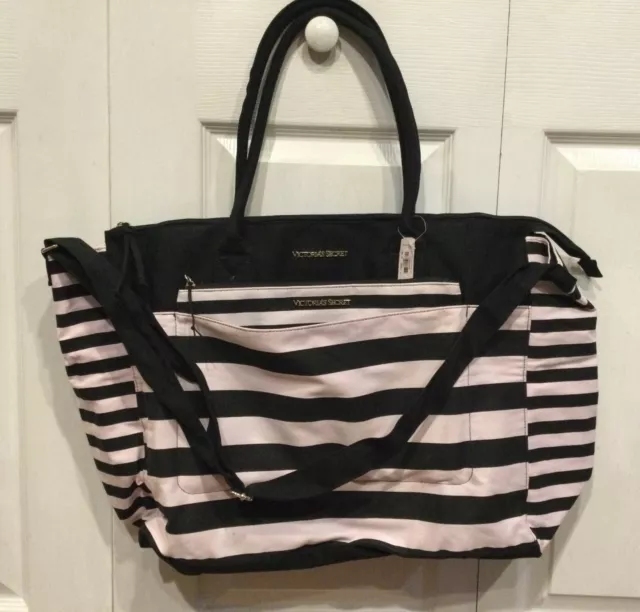 NEW Victorias Secret Weekender Hand Carry and Shoulder Bag Black Pink Striped