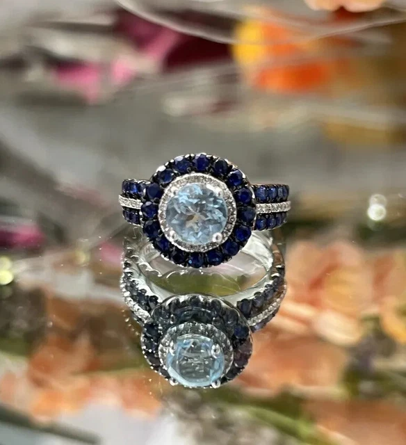 Blue Topaz Diamond Sapphire Sterling silver Pave Halo Cocktail Band ring QVC