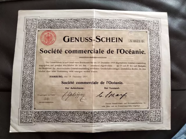 Societe commercial de l'Oceanie Hamburg Genuss-Schein 1910