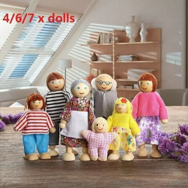 Holz Puppen 7 Personen Familie Puppenfamilie Biegepuppen Puppenhaus Figuren Set~