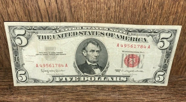 1963 Five Dollar Bill $5 Red Seal Note Old U.S. Currency