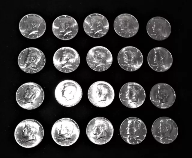20 pcs, .900% SILVER US 1964 KENNEDY HALF DOLLARS, BU UNCIRCULATED, SEE PHOTOS