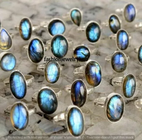 Flashy Labradorite Gemstone Ring 5pcs Wholesale Lot 925 Silver Plated Jewelry