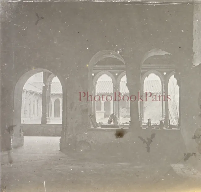 Abbaye Cloître France c1912 Photo Plaque de verre Stereo Vintage V33L23n