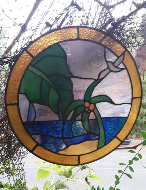 Stained Glass Sea View Round Window Panel Handcrafted Tiffany Style 12" Diameter