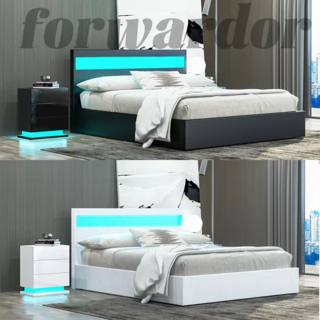 LED FAUX LEATHER Bed Gas Lift Up Ottoman Storage Wooden Bed Frame ...