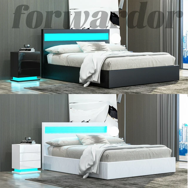 LED FAUX LEATHER Bed Gas Lift Up Ottoman Storage Wooden Bed Frame