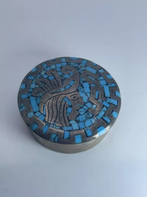 Vintage Taxco Sterling Silver w/ Turquoise Inlay Large Trinket/Snuff Box 83.1gra