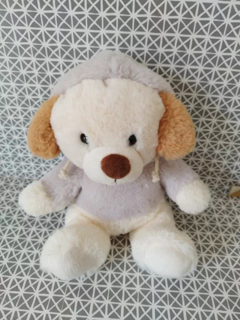 Peluche doudou chien blanc écru marron  pull gris à capuche Gipsy