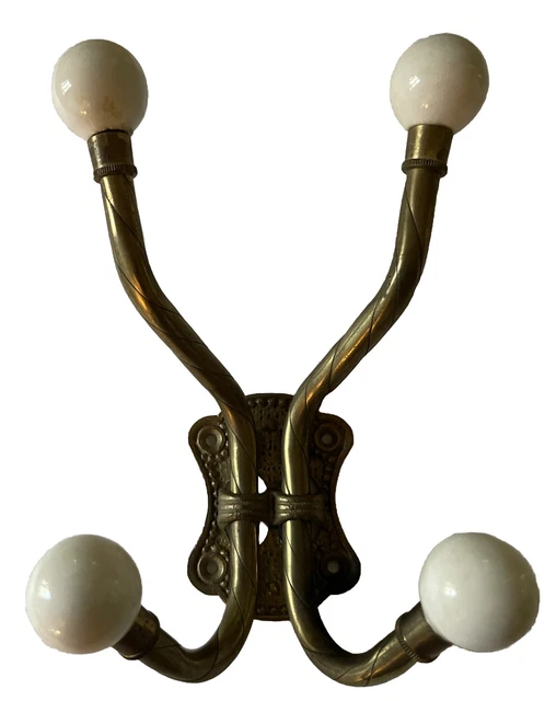 Vintage Brass Wall Mount Hook Hats Coat Towel Hanger Porcelain Knobs White