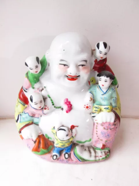 Large Vintage Chinese Porcelain Laughing Buddha With 5 Playing Children 12”