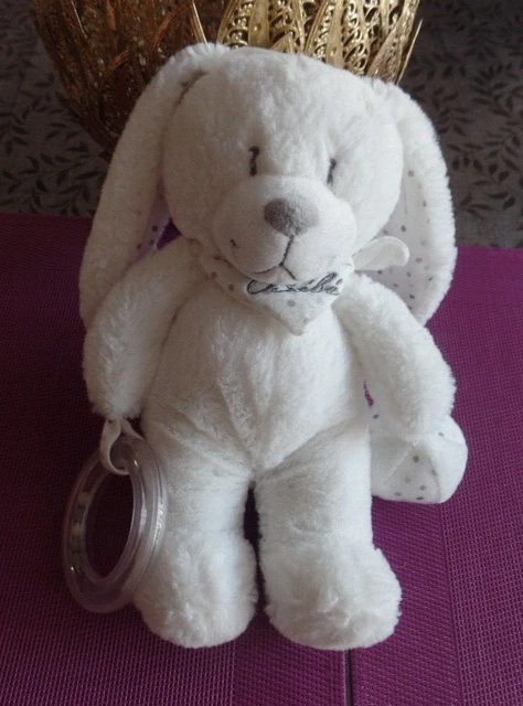 S21 / doudou peluche lapin blanc bandana pois gris activités ballon POMMETTE