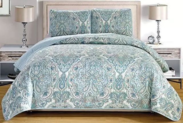 3-Piece Fine Printed (Double) Full Size Quilt Set Reversible Bedspread Coverlet