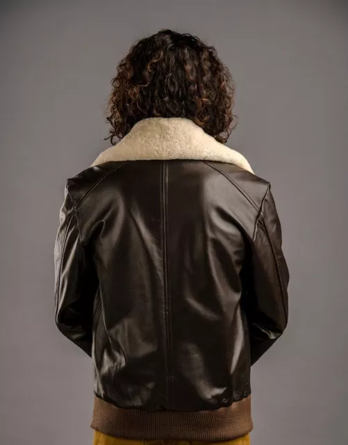 MEN AVIATOR BROWN Leather Jacket Real Lambskin Fur Collar Bomber style ...