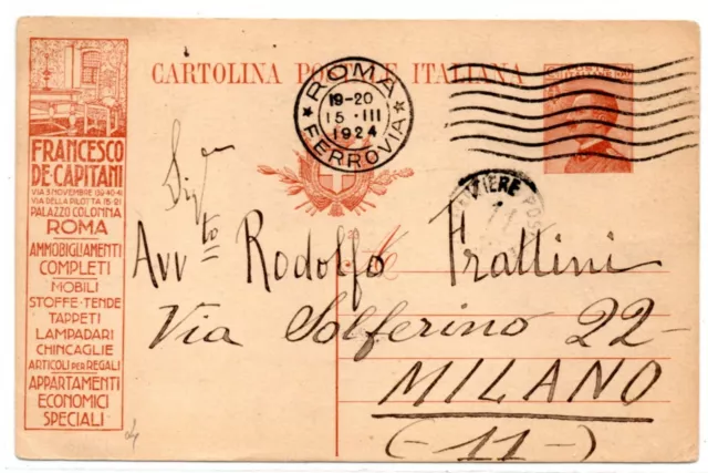 Intero Postale , 1924 , pubblicita' Francesco de Capitani .