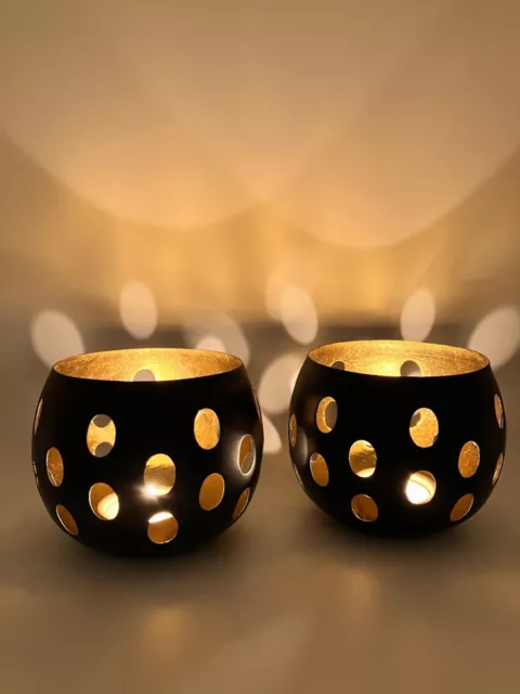 Teelichthalter Kerzenhalter Windlicht Set 2x Kugelform schwarzmatt gold NEU