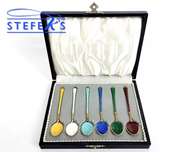 Set of Six Egon Lauridsen ELA Denmark Gilt Sterling & Enamel Demitasse Spoons