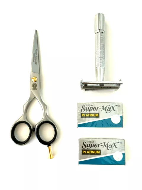 4pcs Men's Old Fashion Safety Razor PLUS Professional Scissors Shaving Grooming