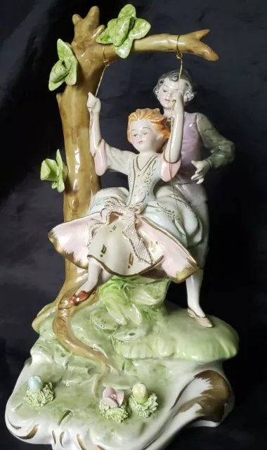 Vintage Capodimonte Italian Porcelain Figurine Boy&Girl on Swing Artist Signed