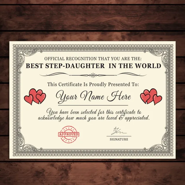 Personalised 'Best Step-Daughter In The World' Certificates Gift/Print