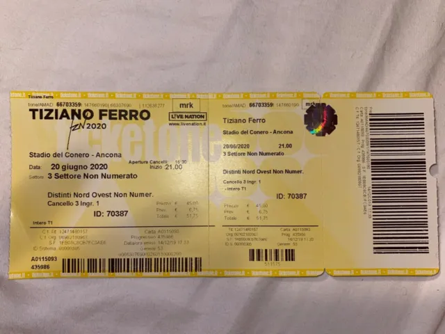 biglietto concerto Tiziano Ferro 8 luglio 2023 Ancona, Stadio Del Conero