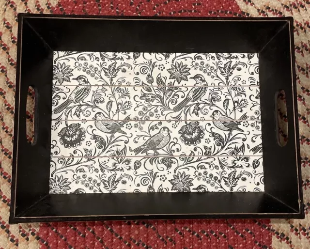 Decorative Wood Serving Tray With Handles, 16.5" x 12" Black White Birds