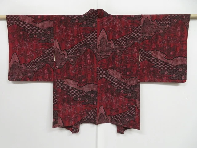 1214i04z680 Vintage Japanese Kimono Silk HAORI Dark red Chrysanthemum
