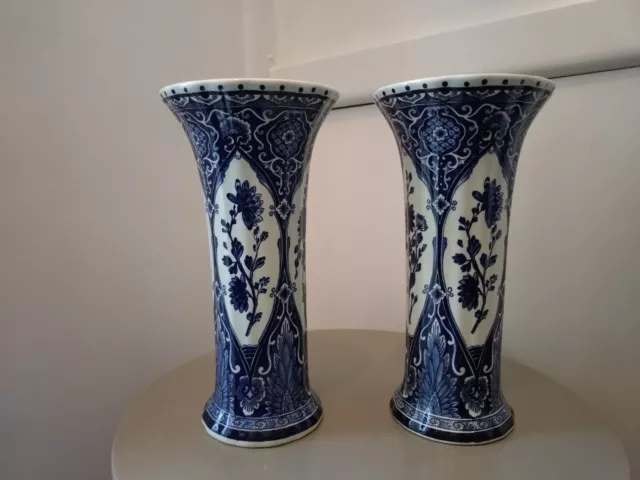 Pair of Vintage Boch For Royal Sphinx Delft Vases - Tulip Shape - 10.5" Tall