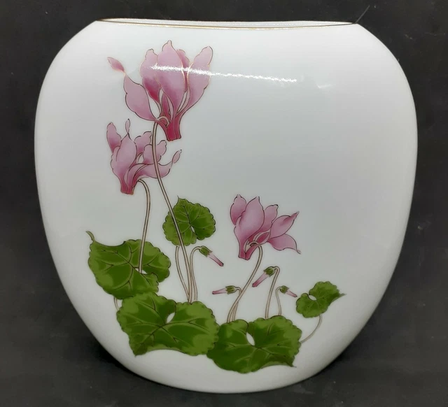 Vtg Otagiri Japan Cyclamen Porcelain Vase 6.25" Tall Pink Iris Floral Gold Trim