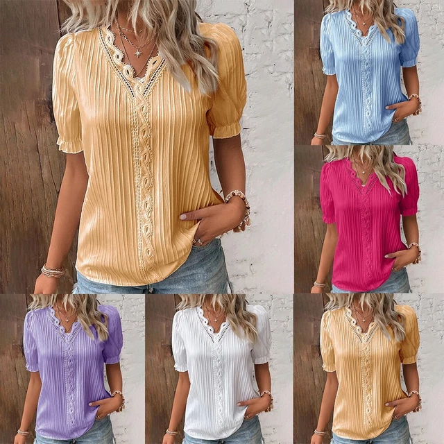 T-shirt donna leggera collo a V camicetta maniche corte top taglia taglie forti