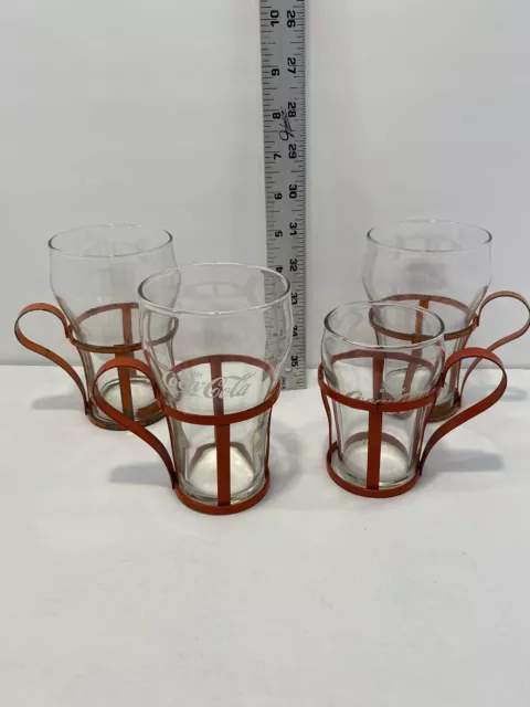 4 Vintage Libbey Drinking Glasses With Red  Metal Handle Coca Cola