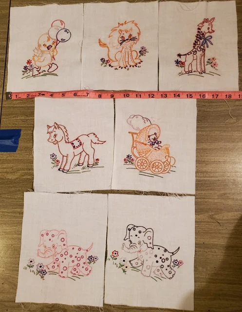 Hand Embroidered 7-6"x8" Panels Duck Lion Horse Elephant Giraffe A72