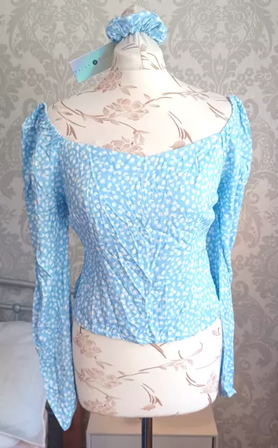 DAISY STREET Blue Mix Ditsy Daisy Print Top With Matching Scrunchie [12]