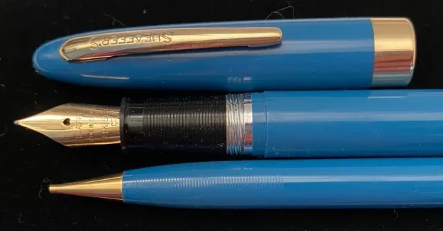Sheaffer Snorkel aqua blue Admiral pen + pencil set, 1950s, box, papers