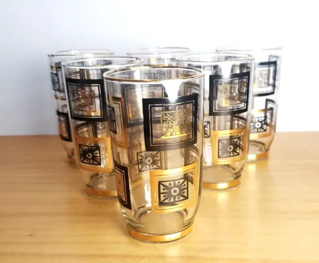 Black Gold Tumblers Mid Century Modern MCM Vintage Drinking Glasses Set Of 6