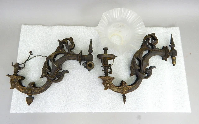 Pair Antique Art Nouveau GAS Cast Iron Wall Sconces Lamp Gothic Empire Victorian
