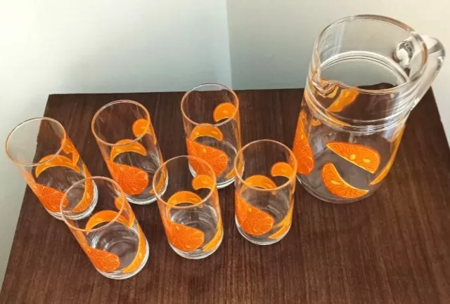 service à orangeade vintage avec pichet et 6 verres motif oranges