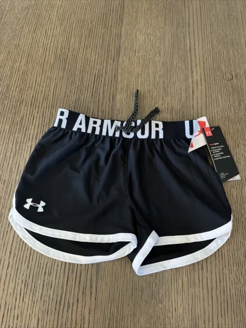NEW Under Armour Girls Play up Athletic Track Gym Shorts Black White Youth Small