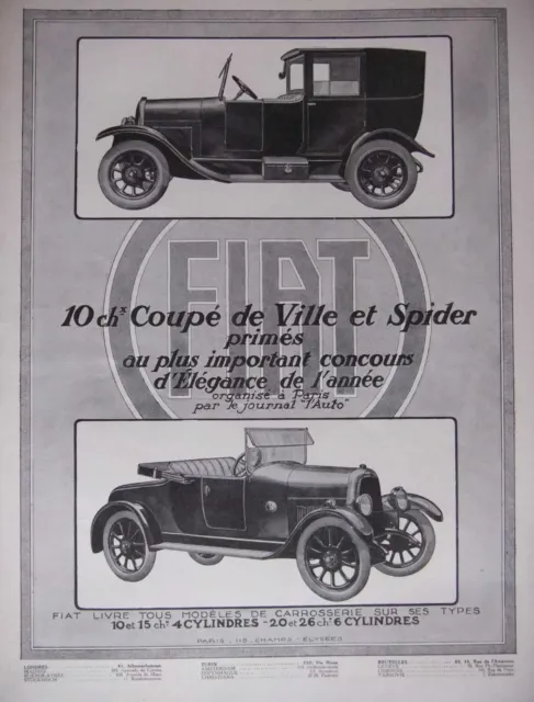 1924 Fiat 10hp CITY COUPE & SPIDER 4 & 6 CYLINDER PRESS ADVERTISEMENT