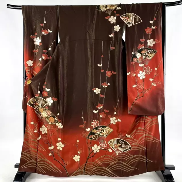 Japanese kimono SILK"FURISODE" long sleeves,Gold fans, Plum, G/Silver,5' 5".3330