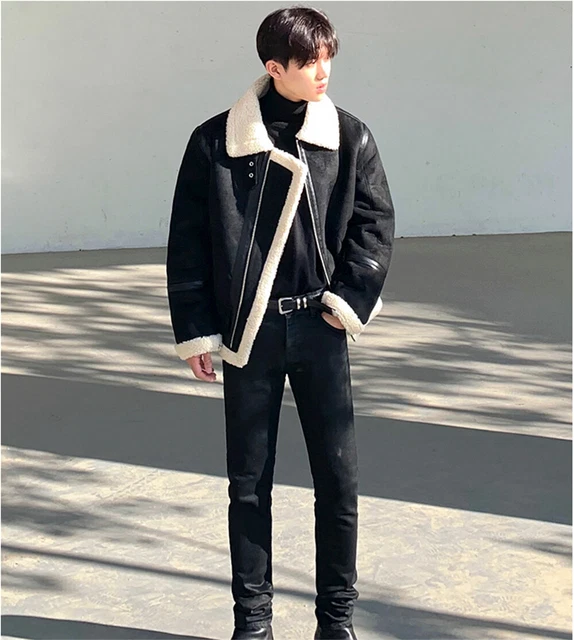 Men Warm Autumn Winter Overcoat Lamb Fur Lined Coat Fashion Cowboy Jacket