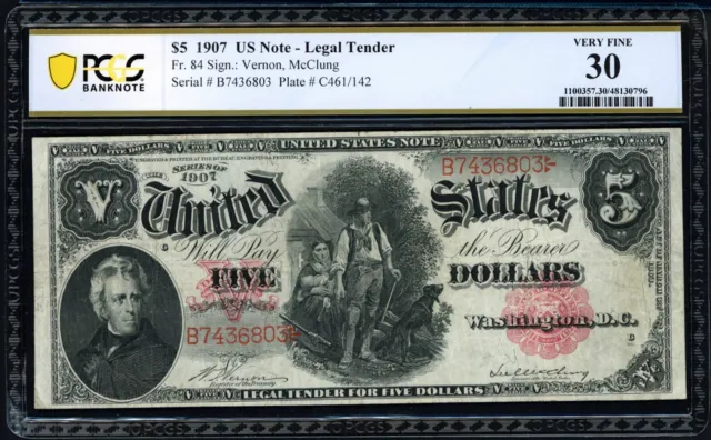1907 ~ $5 Tender Note ~ Vernon / McClung ~ PCGS Banknote ~ Very Fine 30 ~$588.88