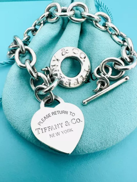 8.25" Please Return to Tiffany & Co Sterling Silver Heart Tag Toggle Bracelet