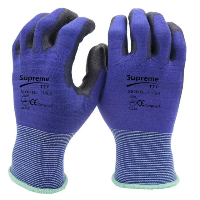 PREMIUM BLUE BLACK PU Coated Work Safety Gloves Liteweight Ultra Thin Oil Grip