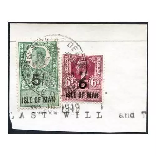 Isle of Man KGV 6d and KGVI 5/- Key Plate Type Revenues CDS on Piece