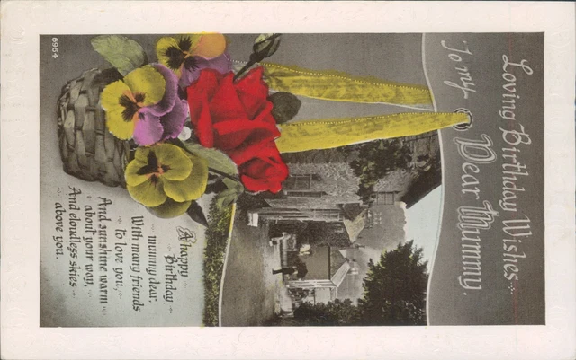 real photo Birthday mother (mummy) floral basket inset village scene hand colour